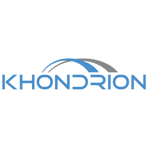 Khondrion logo: blue wordmark with a blue and gray curved arc above the letters.  MitoAction
