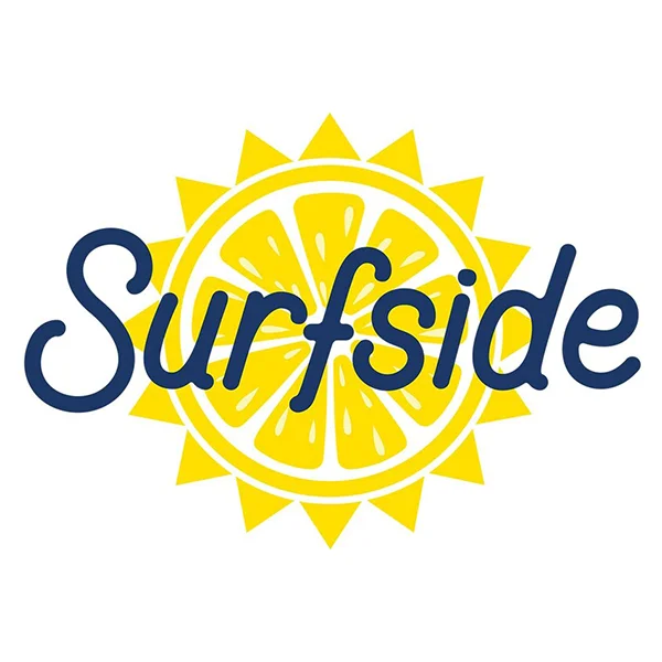 Surfside Logo - MitoAction Surfside brand logo with dark blue cursive wordmark over a yellow sunburst/lemon slice background MitoAction