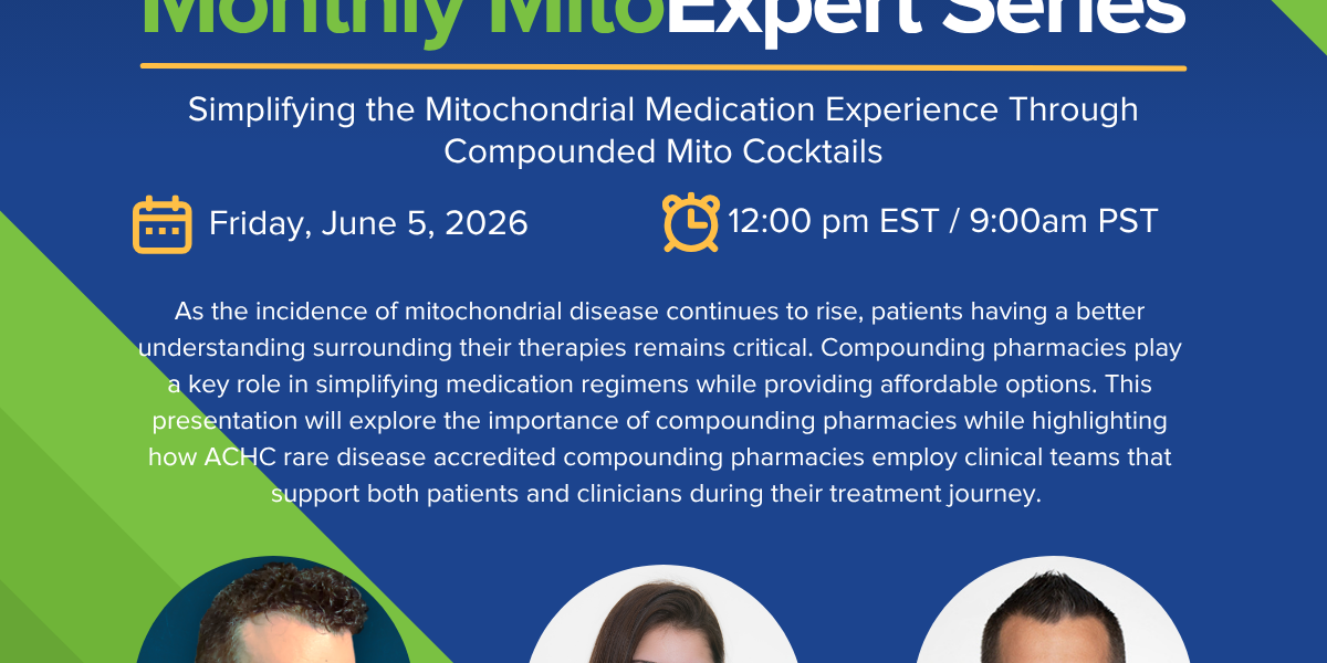 Event poster for Monthly Mito Expert Series with title, date and time, and three speaker headshots (Bryan R. Cohen, Houry Lopedjian, Jonathan Mordis).