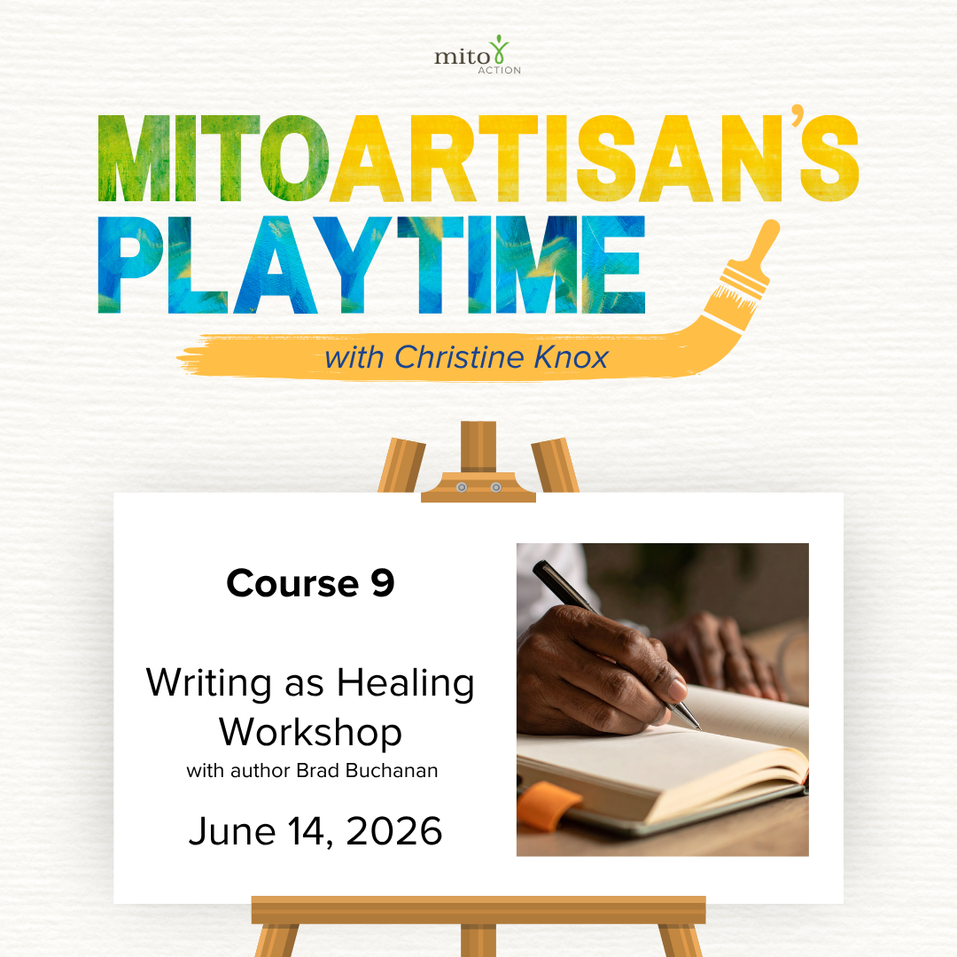Promotional poster for MITO ARTISAN'S PLAYTIME: Course 9—Writing as Healing Workshop with Brad Buchanan, June 14, 2026; on the right, a close-up of a hand writing in a notebook.
